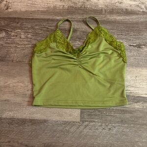 Green cropped tank top with lace trim